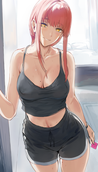 Anime picture 4498x7851 with chainsaw man mappa makima (chainsaw man) hews single long hair tall image looking at viewer blush fringe highres breasts light erotic large breasts standing bare shoulders yellow eyes absurdres red hair indoors