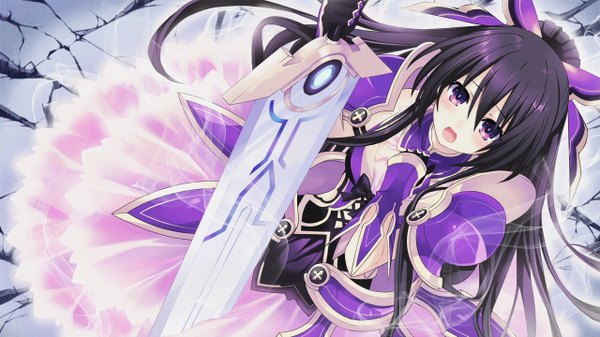 Anime picture 1280x720 with date a live yatogami tooka long hair blush open mouth wide image purple eyes game cg purple hair ponytail girl dress gloves weapon sword armor