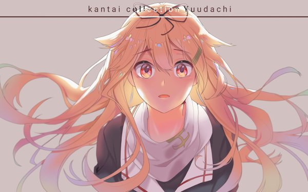 Anime picture 5120x3200 with kantai collection yuudachi destroyer torano single long hair looking at viewer fringe highres open mouth simple background blonde hair hair between eyes red eyes absurdres upper body grey background copyright name character names floating hair remodel (kantai collection)