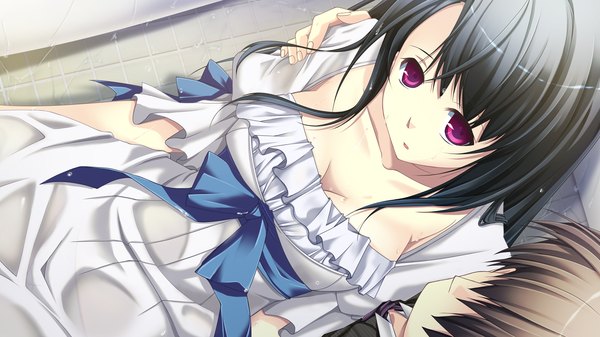 Anime picture 1280x720 with end sleep long hair looking at viewer black hair brown hair wide image purple eyes game cg couple girl dress boy bow