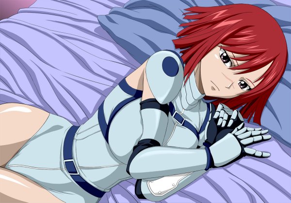 Anime picture 1200x841 with fairy tail erza knightwalker single looking at viewer short hair light erotic brown eyes red hair lying from above scar crossed arms girl gloves elbow gloves pillow bed