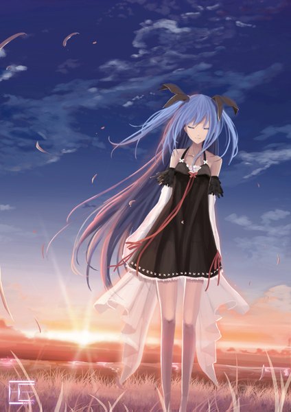 Anime picture 1000x1415 with original tenko single long hair tall image blue hair sky cloud (clouds) eyes closed evening sunset girl dress plant (plants) detached sleeves grass
