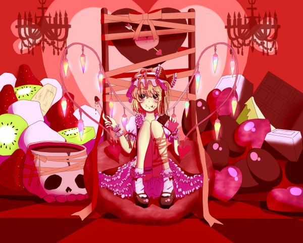 Anime picture 2500x2000 with touhou flandre scarlet maki (huran) highres short hair blonde hair red eyes girl dress ribbon (ribbons) wings food heart sweets fruit skull chocolate