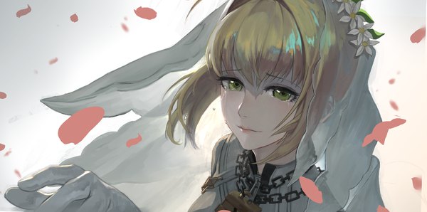 Anime picture 2160x1074 with fate (series) fate/grand order fate/extra fate/extra ccc nero claudius (fate) (all) nero claudius (bride) (fate) peperon (peperou) single looking at viewer fringe highres short hair simple background blonde hair hair between eyes wide image white background green eyes upper body hair flower