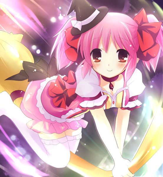 Anime picture 1200x1300 with mahou shoujo madoka magica shaft (studio) kaname madoka mikurun tall image blush smile red eyes twintails pink hair loli short twintails thighhighs bow hat white thighhighs jewelry