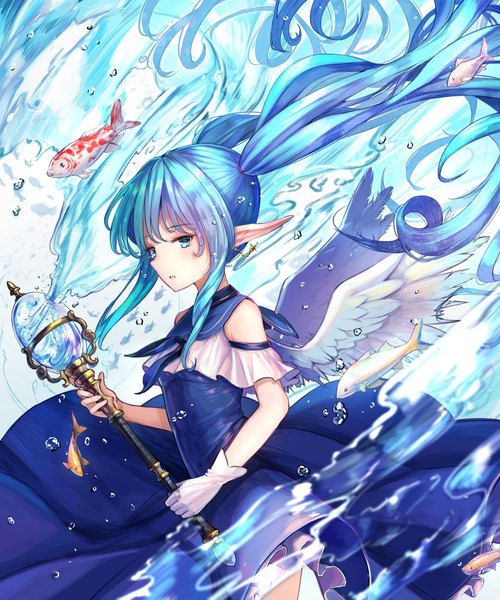 Anime picture 1050x1260 with original alphatitus single tall image blue eyes twintails payot blue hair very long hair pointy ears floating hair girl dress gloves earrings wings water white gloves bubble (bubbles) staff