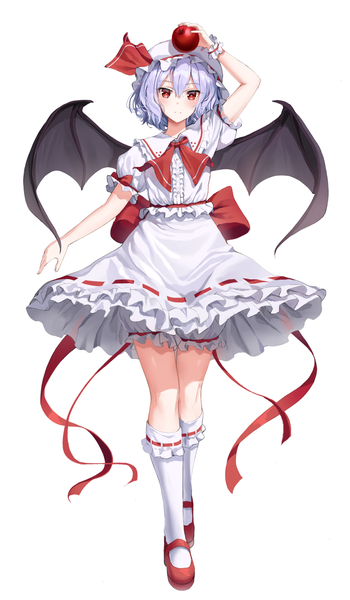 Anime picture 1200x2052 with touhou remilia scarlet superpig (wlstjqdla) single tall image looking at viewer blush fringe short hair simple background hair between eyes red eyes standing white background holding purple hair full body short sleeves frilled dress bat wings