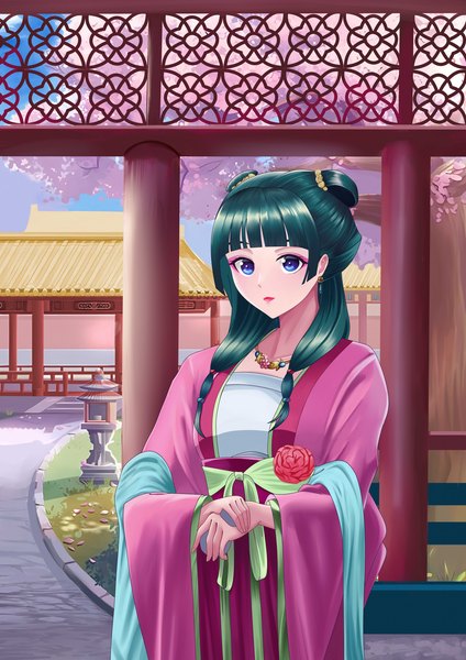 Anime picture 2481x3508 with kusuriya no hitorigoto maomao (kusuriya no hitorigoto) ronikx art single long hair tall image looking at viewer fringe highres blue eyes standing blunt bangs traditional clothes green hair wide sleeves chinese clothes eyeshadow girl earrings necklace