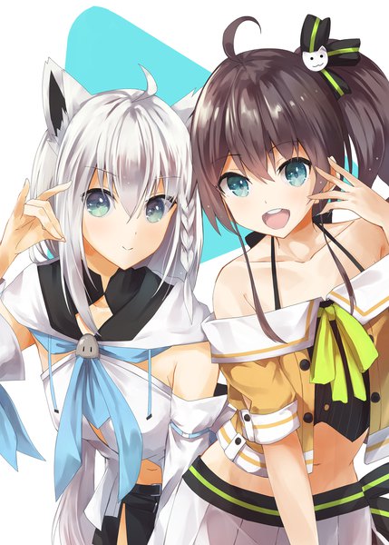 Anime picture 1296x1813 with virtual youtuber hololive shirakami fubuki shirakami fubuki (1st costume) natsuiro matsuri natsuiro matsuri (1st costume) konkito long hair tall image fringe open mouth hair between eyes brown hair white background bare shoulders multiple girls animal ears silver hair ahoge :d
