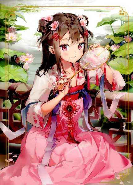 Anime picture 2542x3545 with original anmi single long hair tall image looking at viewer blush fringe highres smile brown hair sitting holding payot outdoors traditional clothes pink eyes hair flower scan hair bun (hair buns)