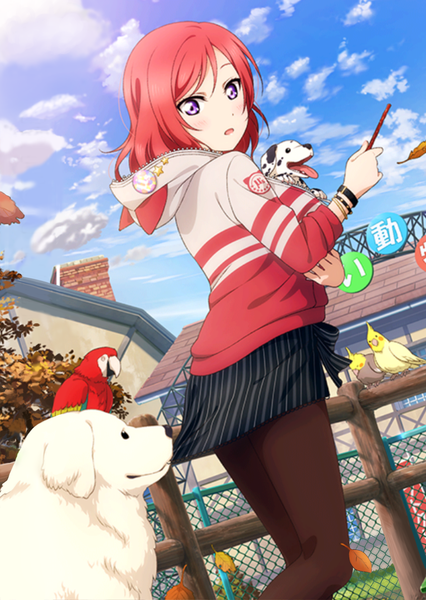 Anime picture 1364x1922 with love live! school idol project sunrise (studio) love live! nishikino maki yan tall image blush fringe short hair open mouth sitting purple eyes holding animal ears sky cloud (clouds) bent knee (knees) red hair looking back sunlight