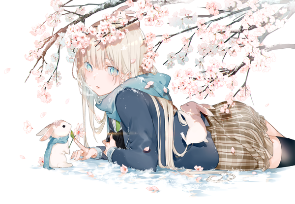 Anime picture 2512x1736 with original miwano rag single long hair looking at viewer blush fringe highres open mouth blue eyes simple background blonde hair white background lying blunt bangs long sleeves cherry blossoms plaid skirt on stomach girl
