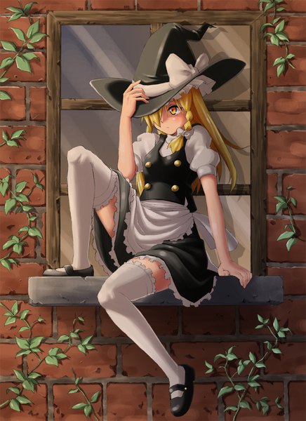 Anime picture 1200x1651 with touhou kirisame marisa inuno rakugaki single long hair tall image fringe blonde hair sitting yellow eyes looking away full body outdoors braid (braids) hair over one eye short sleeves puffy sleeves side braid double buttons brick wall