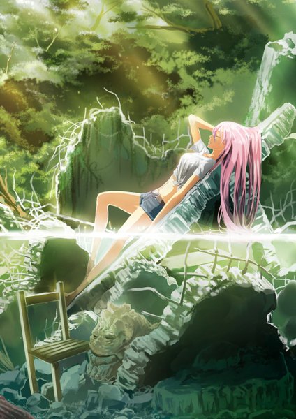 Anime picture 1060x1500 with vocaloid megurine luka ko2915277ok single long hair tall image open mouth pink hair eyes closed barefoot sunlight underwater destruction girl plant (plants) tree (trees) shorts chair forest cave