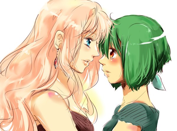 Anime picture 1465x1091 with macross macross frontier sheryl nome ranka lee gen (enji) long hair blush short hair blue eyes blonde hair simple background red eyes white background bare shoulders multiple girls profile green hair shoujo ai face to face girl