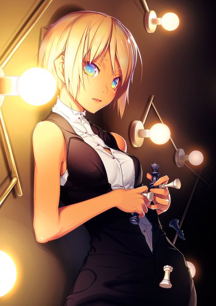 Anime picture 900x1273 with original nilitsu single tall image looking at viewer blush fringe short hair open mouth blonde hair standing holding payot aqua eyes sleeveless dark skin light multicolored eyes against wall girl