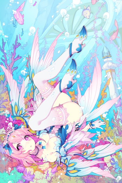 Anime picture 1000x1500 with elsword aisha landar pika (kai9464) single long hair tall image looking at viewer fringe breasts light erotic hair between eyes pink hair full body ass pink eyes :o alternate costume alternate hairstyle underwater upside down
