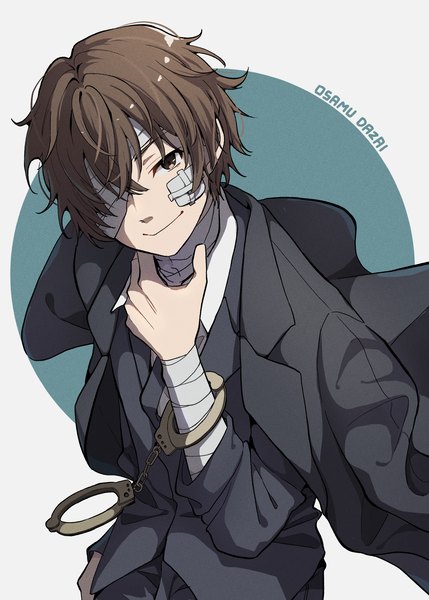 Anime picture 1572x2199 with bungou stray dogs studio bones dazai osamu (bungou stray dogs) takosuke (gyzp7373) single tall image fringe short hair smile hair between eyes brown hair brown eyes from above character names clothes on shoulders bandaid on face bandage over one eye arm around neck boy bandage (bandages)