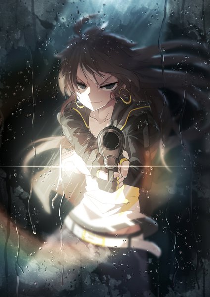 Anime picture 1200x1696 with original qian ye (qys3) qys3 single long hair tall image looking at viewer fringe brown hair standing holding ahoge wind black eyes blurry open jacket wet facial mark rain girl