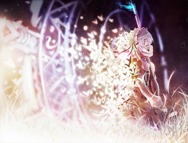 Anime picture 960x731 with hitsugi no chaika studio bones chaika trabant kimikimi single long hair blush fringe standing holding eyes closed profile night magic glowing glow girl plant (plants) insect butterfly