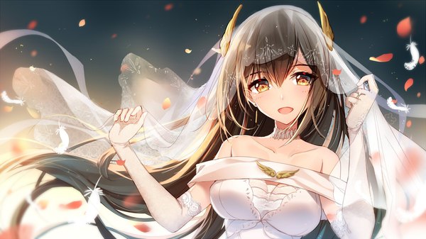 Anime picture 1920x1080 with warship girls r hermes (warship girls r) bison cangshu single long hair looking at viewer blush fringe highres breasts open mouth simple background hair between eyes brown hair wide image bare shoulders brown eyes cleavage upper body girl