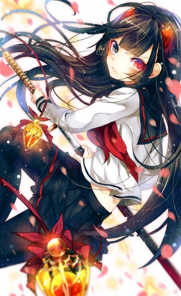 Anime picture 1000x1631 with original sazanami shione single long hair tall image looking at viewer fringe black hair red eyes holding bent knee (knees) pleated skirt horn (horns) wind black eyes heterochromia frilly skirt serious sheathed angry