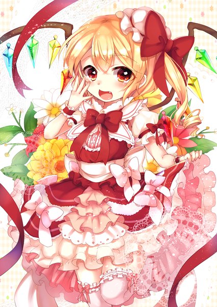 Anime picture 1500x2115 with touhou flandre scarlet paragasu (parags112) single tall image looking at viewer short hair open mouth blonde hair smile red eyes standing short sleeves fang (fangs) zettai ryouiki puffy sleeves one side up standing on one leg girl thighhighs