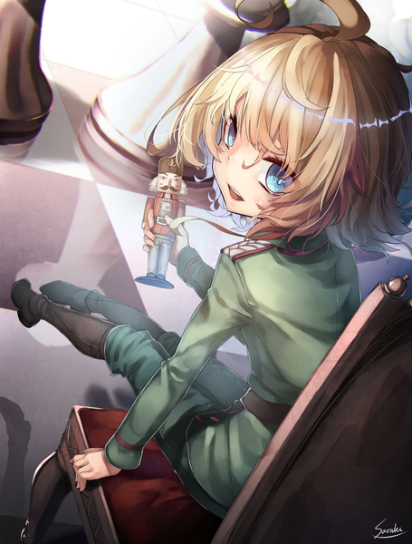 Anime picture 1290x1700 with youjo senki tanya degurechaff saraki single tall image looking at viewer short hair open mouth blue eyes blonde hair sitting signed full body ahoge looking back military girl uniform toy knee boots