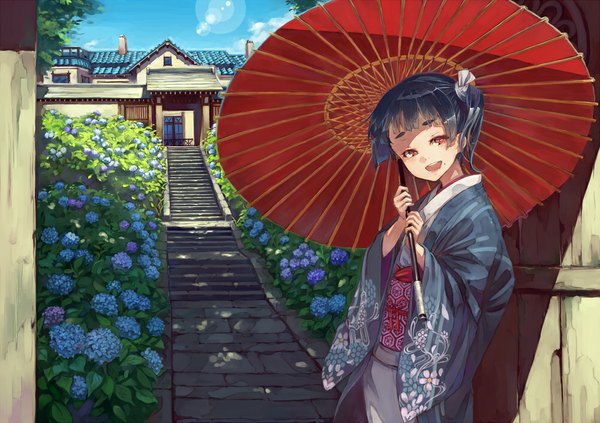 Anime picture 1000x706 with original suzuno (bookshelf) single looking at viewer blush fringe short hair open mouth smile red eyes standing holding blue hair sky cloud (clouds) ponytail traditional clothes japanese clothes mole teeth