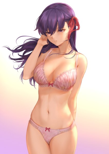 Anime picture 1302x1842 with fate (series) fate/stay night matou sakura mashuu (neko no oyashiro) single long hair tall image blush fringe breasts light erotic simple background hair between eyes large breasts purple eyes bare shoulders looking away purple hair parted lips bare belly