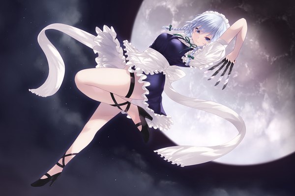 Anime picture 1920x1280 with touhou izayoi sakuya cait single long hair looking at viewer fringe highres breasts blue eyes hair between eyes holding silver hair cloud (clouds) full body bent knee (knees) outdoors braid (braids) arm up night