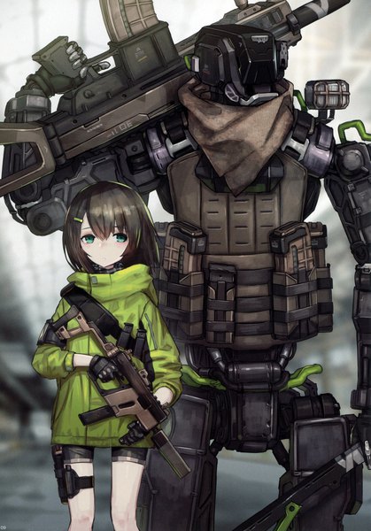 Anime picture 4038x5784 with original 2d (artist) tall image looking at viewer blush fringe highres short hair hair between eyes brown hair standing holding green eyes absurdres parted lips scan bob cut trigger discipline girl gloves