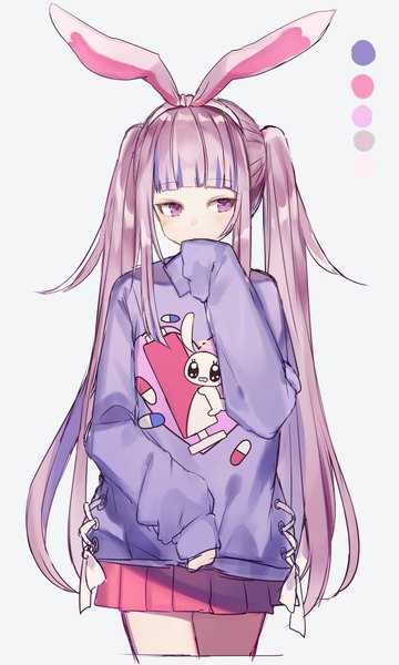 Anime picture 650x1083 with original shugao single long hair tall image blush fringe simple background twintails animal ears payot looking away pink hair blunt bangs pleated skirt pink eyes bunny ears fake animal ears hand to mouth hands in sleeves
