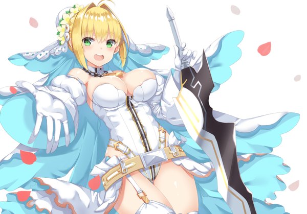 Anime picture 1555x1087 with fate (series) fate/extra fate/extra ccc nero claudius (fate) (all) nero claudius (bride) (fate) yuzu-aki single looking at viewer blush fringe short hair breasts open mouth light erotic blonde hair simple background large breasts standing white background bare shoulders