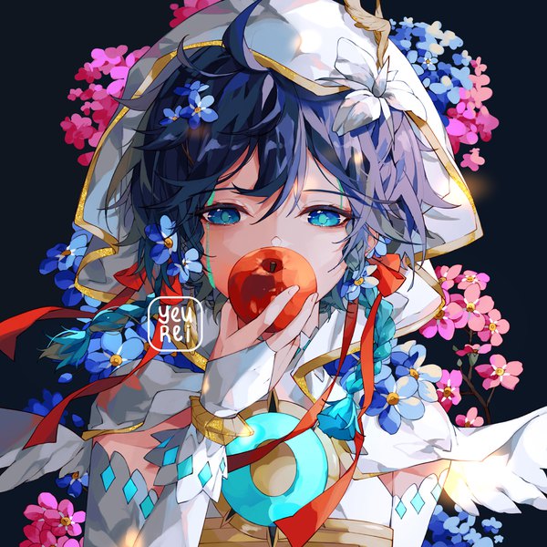 Anime picture 1100x1100 with genshin impact venti (genshin impact) venti (archon) (genshin impact) yeurei single looking at viewer fringe short hair blue eyes hair between eyes holding signed blue hair upper body braid (braids) twin braids covered mouth expressionless boy flower (flowers)