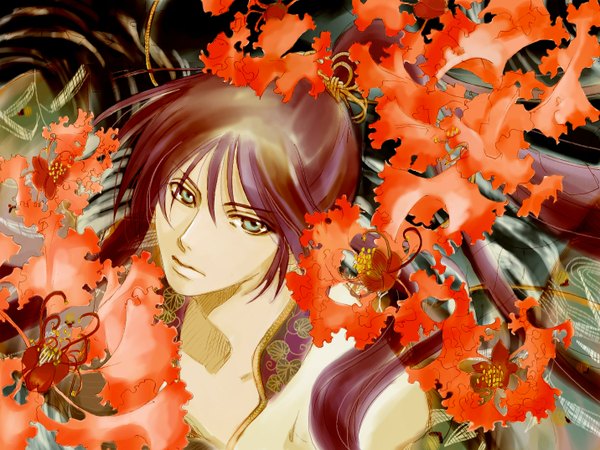 Anime picture 1432x1074 with vocaloid kamui gakupo ura hanabi single long hair blue eyes purple hair ponytail looking up open collar boy flower (flowers)