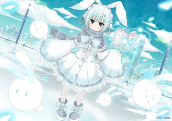 Anime picture 2431x1713 with original tsukaze single looking at viewer blush highres short hair blue eyes animal ears cloud (clouds) white hair long sleeves bunny ears girl dress scarf