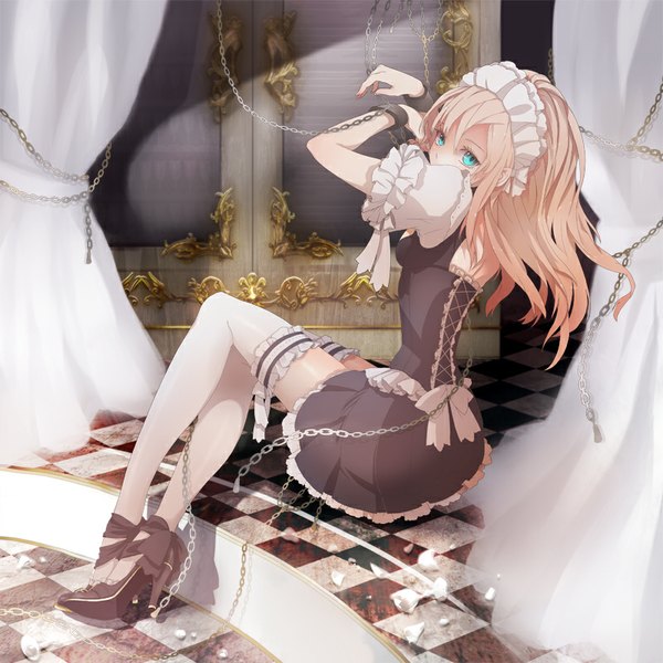 Anime picture 800x800 with original takagi (tansuke) plastick single long hair looking at viewer fringe blue eyes blonde hair sitting bent knee (knees) nail polish looking back maid high heels lacing checkered floor floor pink nail polish borrowed character