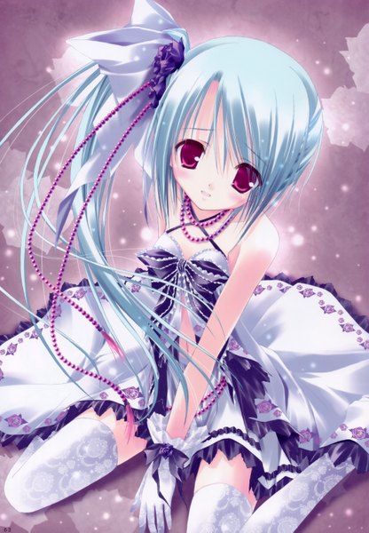 Anime picture 4200x6049 with duel dolls erika el dapkunaite tinker bell single long hair tall image blush fringe highres red eyes sitting bare shoulders blue hair absurdres ponytail from above loli zettai ryouiki sleeveless side ponytail