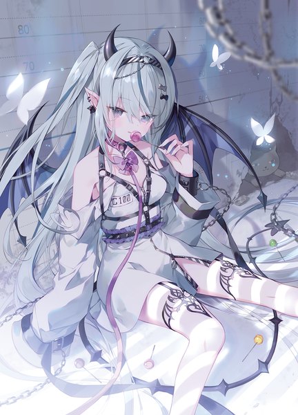 Anime picture 1081x1500 with original ibara riato single tall image looking at viewer blush fringe hair between eyes sitting holding silver hair indoors tail very long hair multicolored hair horn (horns) pointy ears two-tone hair grey eyes one side up