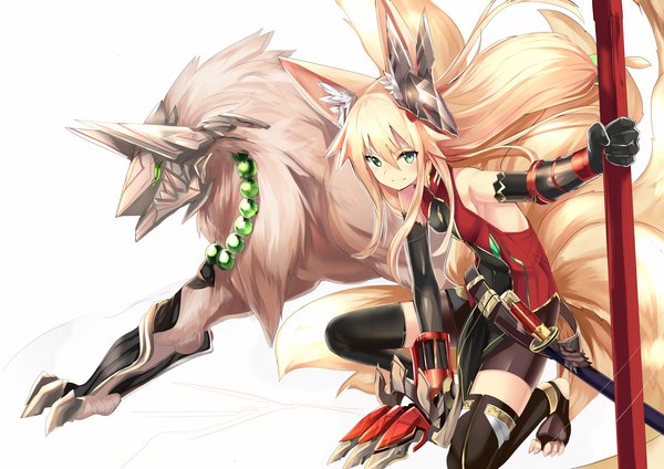 Anime picture 2827x2000 with original kokonoe tsubaki haik long hair looking at viewer blush fringe highres blonde hair simple background smile standing white background green eyes animal ears tail no shoes kneeling multiple tails mechanical