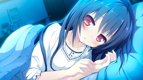 Anime picture 1280x720 with clover day's takakura anri nimura yuuji single long hair blush open mouth red eyes wide image blue hair looking away game cg lying :o girl pillow bed