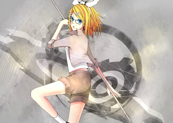 Anime picture 1748x1240 with vocaloid kagamine rin tagme (artist) single highres blue eyes blonde hair grey background girl hair ornament choker glasses shorts bobby pin