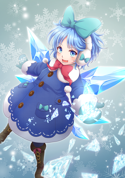 Anime picture 742x1051 with touhou cirno mitsucho single tall image looking at viewer blush fringe short hair open mouth blue eyes smile blue hair :d from above teeth lacing adapted costume girl bow