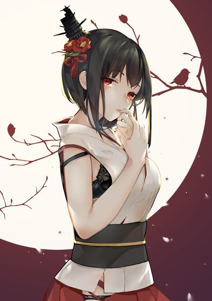 Anime picture 827x1169 with kantai collection yamashiro battleship nello (luminous darkness) single tall image looking at viewer blush fringe short hair breasts light erotic black hair red eyes standing upper body traditional clothes parted lips head tilt japanese clothes arm up
