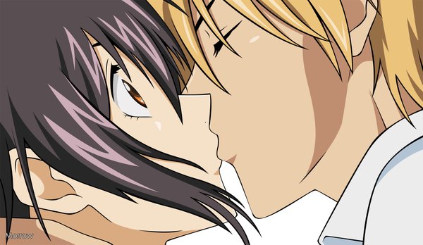 Anime picture 2000x1162 with kaichou wa maid-sama! ayuzawa misaki takumi usui morrow highres short hair blonde hair brown hair wide image white background brown eyes eyes closed profile couple kiss surprised girl boy