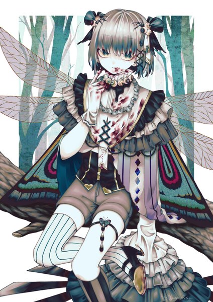 Anime picture 2894x4093 with original arieru satan single tall image looking at viewer highres short hair sitting grey hair grey eyes high heels border outside border blood on face insect wings bloody clothes androgynous gloves hair ornament wings