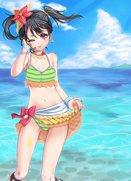 Anime picture 909x1252 with love live! school idol project sunrise (studio) love live! yazawa nico shinzaki3117 single tall image short hair light erotic black hair red eyes twintails sky cloud (clouds) one eye closed hair flower wink short twintails girl navel