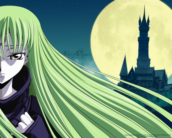 Anime picture 1280x1024 with code geass sunrise (studio) c.c. single long hair looking at viewer fringe yellow eyes green hair night building (buildings) moon full moon tower