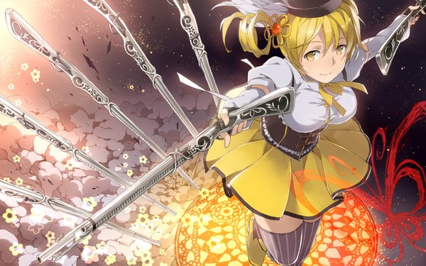 Anime picture 2200x1375 with mahou shoujo madoka magica shaft (studio) tomoe mami ryou (kimagure) single long hair looking at viewer highres breasts light erotic blonde hair smile wide image twintails yellow eyes drill hair girl thighhighs skirt hair ornament